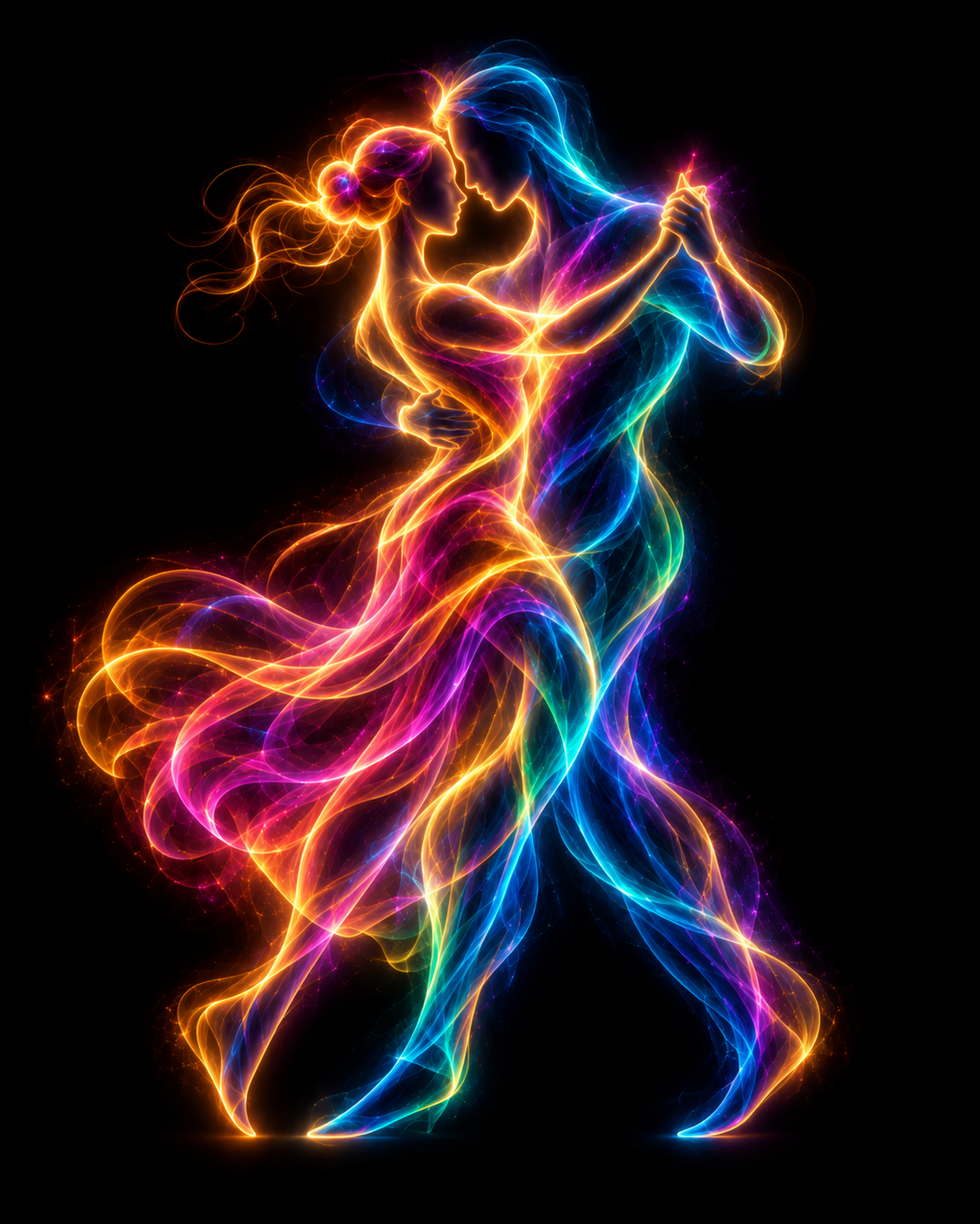Two luminous figures connected in a flowing partner dance